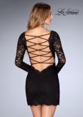Picture of: Long Sleeve Short Lace Dress with Open Strappy Back in Black, Style: 25134, Detail Picture 2