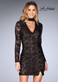 Picture of: Long Sleeve Short Lace Dress with Choker in Black, Style: 25373, Detail Picture 2