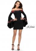 Picture of: Off the Shoulder Mini Dress with Dramatic Bell Sleeves in Black, Style: 26674, Detail Picture 3