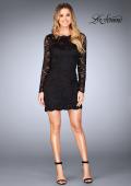 Picture of: Long Sleeve Short Lace Dress with Open Strappy Back in Black, Style: 25134, Detail Picture 5