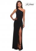 Picture of: One Shoulder Dress with Ruching and Leg Slit in Black, Style: 28135, Detail Picture 5