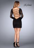 Picture of: Long Sleeve Short Lace Dress with Open Strappy Back in Black, Style: 25134, Detail Picture 6