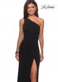 Picture of: One Shoulder Dress with Ruching and Leg Slit in Black, Style: 28135, Detail Picture 6