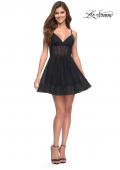 Picture of: Corset Fit and Flare Dress with V Neckline in Black, Style 30941, Detail Picture 6