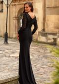 Picture of: Long Sleeve Sheer Net Jersey Gown with Ruching in Black, Style: 33282, Back Picture