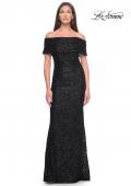 Picture of: Off the Shoulder Ruched Beaded Lace Evening Gown in Black, Style: 31778, Detail Picture 1