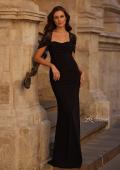Picture of: Chic Black Evening Dress with Ruching and Lace Sleeve in Black, Style: 33133, Detail Picture 1