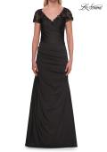 Picture of: Ruched Satin Gown with Lace Cap Sleeves and Illusion Back in Black, Style: 32431, Detail Picture 5