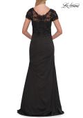 Picture of: Ruched Satin Gown with Lace Cap Sleeves and Illusion Back in Black, Style: 32431, Detail Picture 6