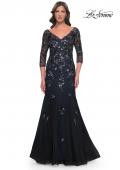 Picture of: Mermaid Lace Applique Gown with V Neckline and Sleeves in Black Navy, Style: 30860, Main Picture