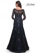 Picture of: Mermaid Lace Applique Gown with V Neckline and Sleeves in Black Navy, Style: 30860, Back Picture