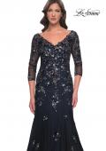 Picture of: Mermaid Lace Applique Gown with V Neckline and Sleeves in Black Navy, Style: 30860, Detail Picture 1