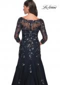 Picture of: Mermaid Lace Applique Gown with V Neckline and Sleeves in Black Navy, Style: 30860, Detail Picture 2