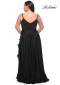 Picture of: Ruffle Slit Satin Long Plus Size Dress with V Neck in Black, Style: 29740, Detail Picture 8