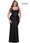 Picture of: Ruched Jersey Plus Dress with Illusion Lace Bodice and Tie Back in Black, Style: 31273, Detail Picture 8