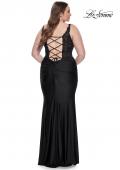 Picture of: Ruched Jersey Plus Dress with Illusion Lace Bodice and Tie Back in Black, Style: 31273, Detail Picture 9