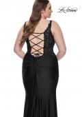 Picture of: Ruched Jersey Plus Dress with Illusion Lace Bodice and Tie Back in Black, Style: 31273, Detail Picture 10