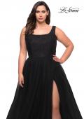 Picture of: A-line Tulle and Lace Plus Size Gown with Slit in Black, Style: 29070, Detail Picture 12