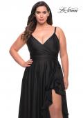 Picture of: Ruffle Slit Satin Long Plus Size Dress with V Neck in Black, Style: 29740, Detail Picture 12