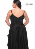 Picture of: Ruffle Slit Satin Long Plus Size Dress with V Neck in Black, Style: 29740, Detail Picture 13