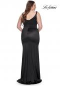 Picture of: Stretch Satin Plus Size Dress with Unique Neckline and Slit in Black, Style: 31266, Back Picture