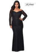 Picture of: Lace Off The Shoulder Long Sleeve Plus Dress with Stones in Black, Style: 28945, Detail Picture 1