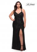 Picture of: Sequin Long Plus Gown with V Neck and Slit in Black, Style: 29579, Detail Picture 1