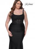 Picture of: Ruched Jersey Plus Dress with Illusion Lace Bodice and Tie Back in Black, Style: 31273, Detail Picture 1