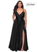 Picture of: Satin A-line Plus Dress with Lace Up Back and Pockets in Black, Style: 29033, Detail Picture 2