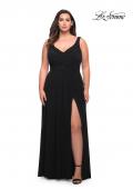 Picture of: Net Jersey Plus Size Long Dress with Slit and V Neck in Black, Style: 29075, Detail Picture 2