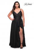 Picture of: Ruffle Slit Satin Long Plus Size Dress with V Neck in Black, Style: 29740, Detail Picture 2
