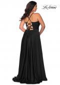 Picture of: Satin A-line Plus Dress with Lace Up Back and Pockets in Black, Style: 29033, Detail Picture 3