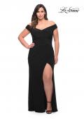 Picture of: Matte Jersey Long Plus Dress with Ruching and Slit in Black, Style: 29663, Detail Picture 3