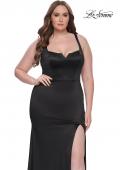 Picture of: Stretch Satin Plus Size Dress with Unique Neckline and Slit in Black, Style: 31266, Detail Picture 3