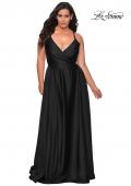 Picture of: Satin A-line Plus Dress with Lace Up Back and Pockets in Black, Style: 29033, Detail Picture 4