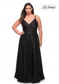 Picture of: Ruffle Slit Satin Long Plus Size Dress with V Neck in Black, Style: 29740, Detail Picture 7