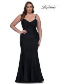 Picture of: Chic Plus Size Dress with Ruching and Rhinestone Neckline Detail in Black, Style: 33057, Detail Picture 7