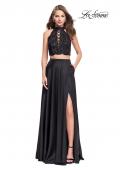 Picture of: Two piece gown with lace up top and satin A line skirt in Black, Style: 25263, Main Picture