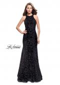 Picture of: Long Velvet Gown with a High Neck and Deep V in Black, Style: 25490, Main Picture