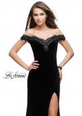 Picture of: Long Velvet Off the Shoulder Gown with Lace Detail in Black, Style: 25591, Main Picture