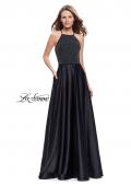 Picture of: Satin A-line Ball Gown Featuring Beading and a High Neck in Black, Style: 25601, Main Picture