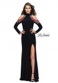 Picture of: Form Fitting Jersey Prom Dress with Floral Applique in Black, Style: 25807, Main Picture