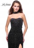 Picture of: Long Strapless Velvet Prom Gown with Cascading Beads in Black, Style: 26239, Main Picture