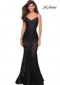 Picture of: Long Form Fitting Lace Prom Dress with Attached Shorts in Black, Style: 27584, Main Picture