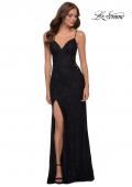 Picture of: Sleek Lace Long Dress with Sheer Sides and Open Back in Black, Style 29694, Main Picture