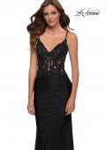 Picture of: Jersey Gown with Sheer Lace Bodice and Ruching in Black, Style 29774, Main Picture