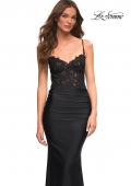 Picture of: Jewel Tone Jersey Gown with Sheer Lace Bodice in Black, Main Picture
