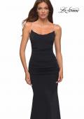 Picture of: Net Jersey Long Dress with Ruching and Diamond Straps in Black, Style: 30701, Main Picture