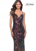 Picture of: Multi Color Print Sequin Dress with Lace Up Back in Black, Style: 31206, Main Picture