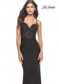 Picture of: Sheer Lace Bodice with Scallop Edge Jersey Long Dress in Black, Style: 31272, Main Picture